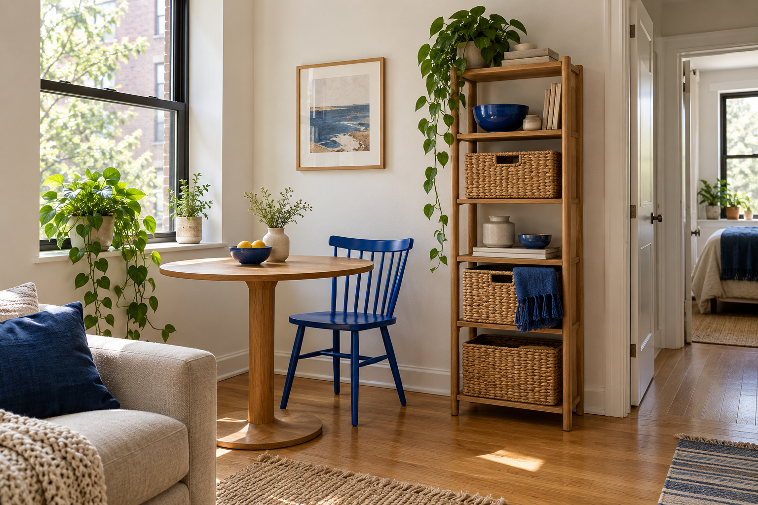 A compact apartment corner with oak shelving, baskets, a small table, and blue accents